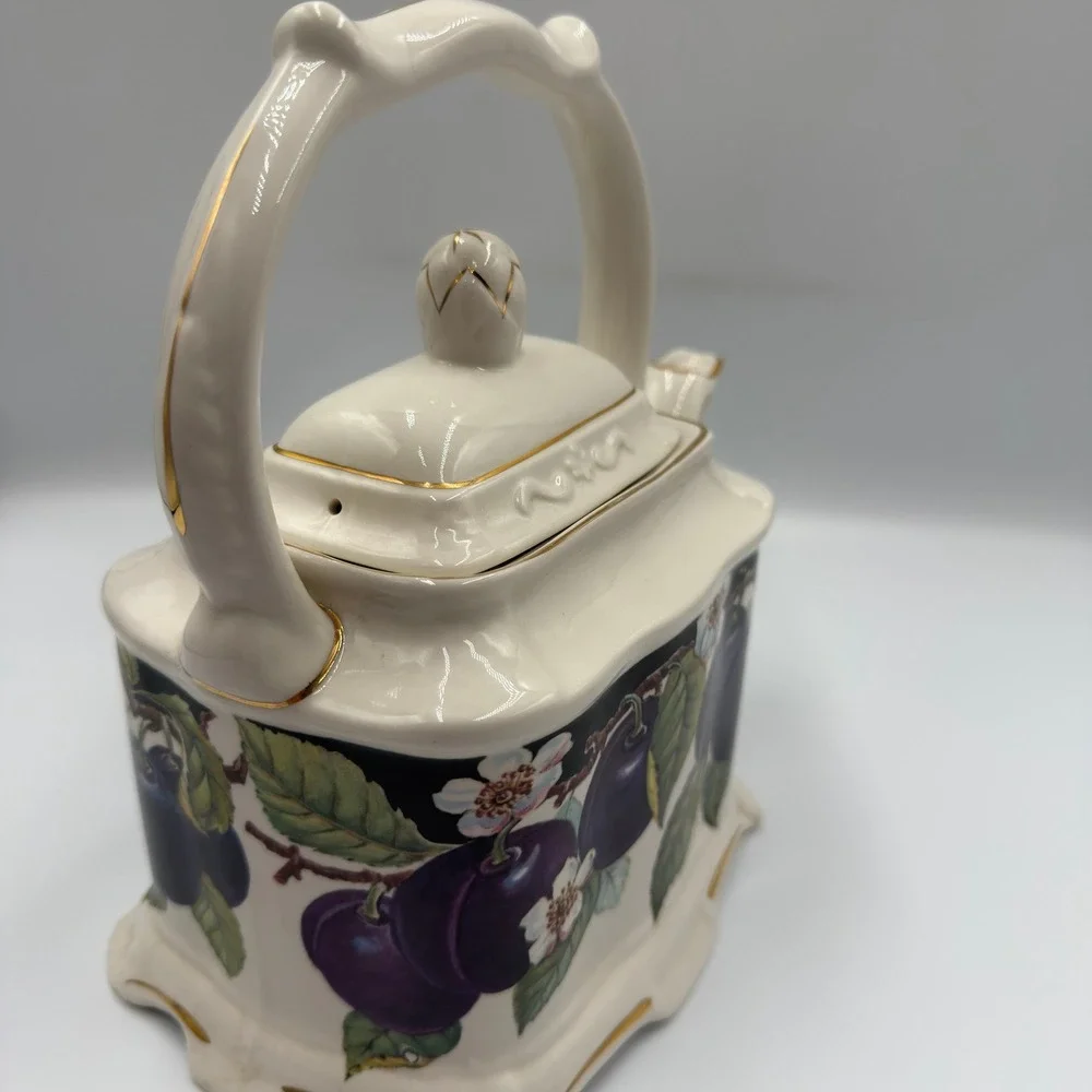 VTG Crown Dorset Staffordshire England Plum Floral Rectangular Teapot Gold Trim
